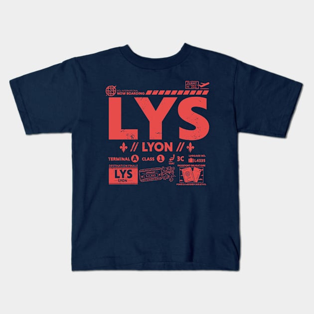 Vintage Lyon LYS Airport Code Travel Day Retro Travel Tag France Kids T-Shirt by Now Boarding